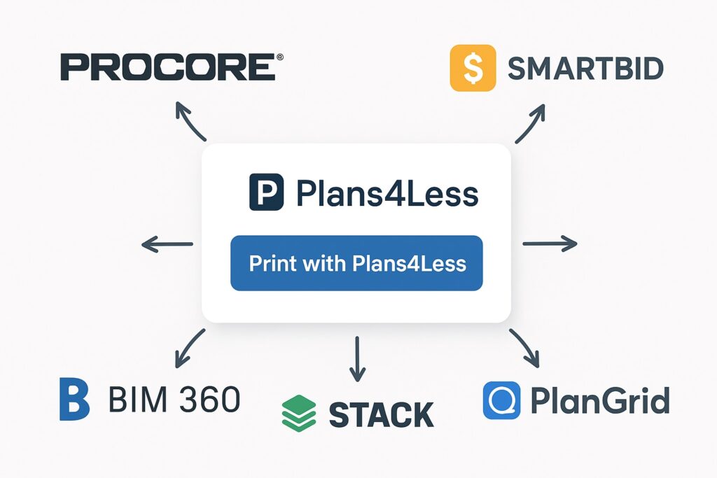 Plans4Less integrates directly with Procore, SmartBid, BIM 360, PlanGrid and STACK for seamless blueprint ordering
