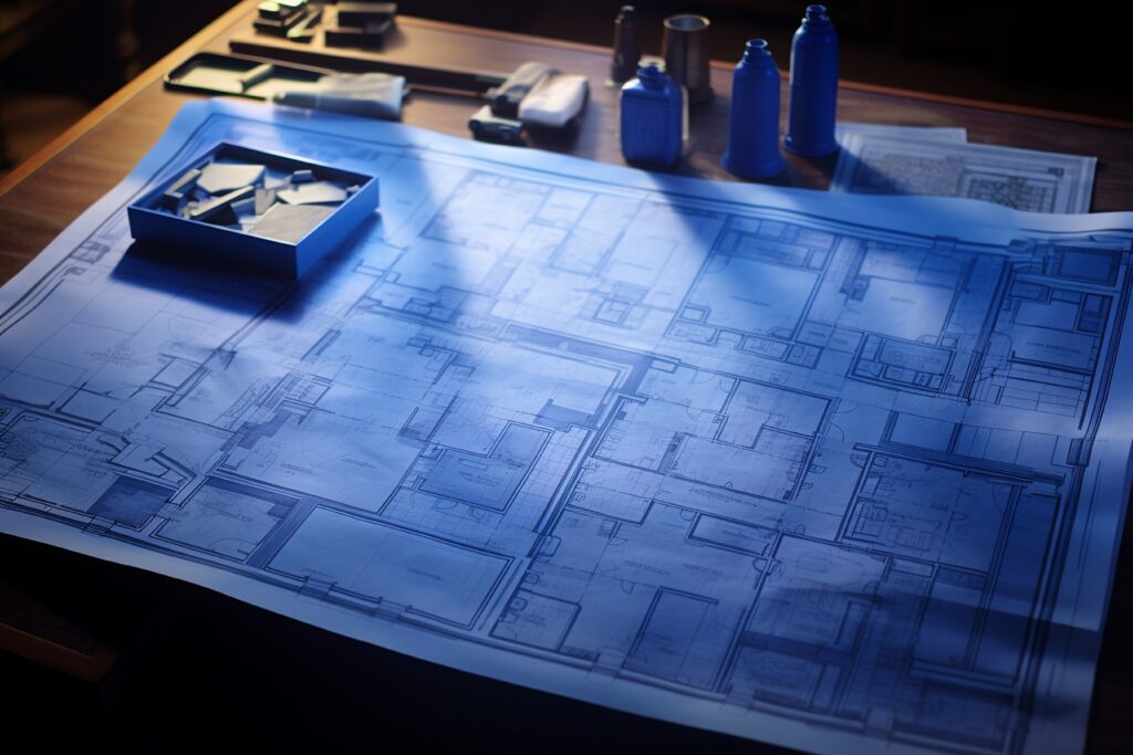Large architectural blueprint laid out on a drafting table with tools and supplies nearby, illustrating professional plans printing related to Plans4Less vs Staples Blueprint Printing services.